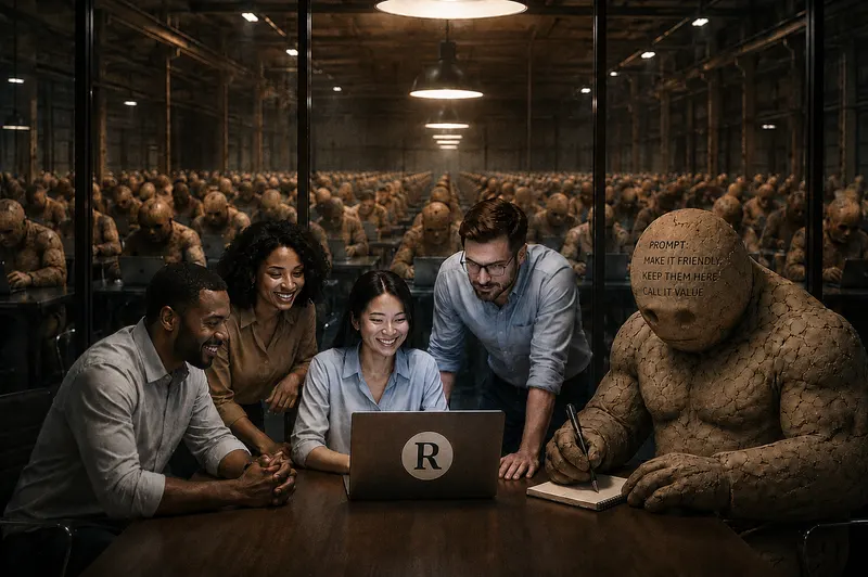 Four people gathered around a laptop while a clay golem with a prompt inscribed on its forehead watches over them; behind them, rows of identical golems recede into a server-hall horizon.